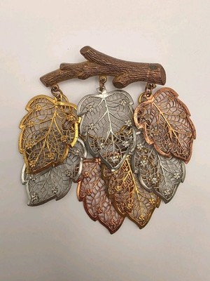 Vintage Art Deco Mixed Metal Filigree Cascading Leaf Brooch W/Textured Branch