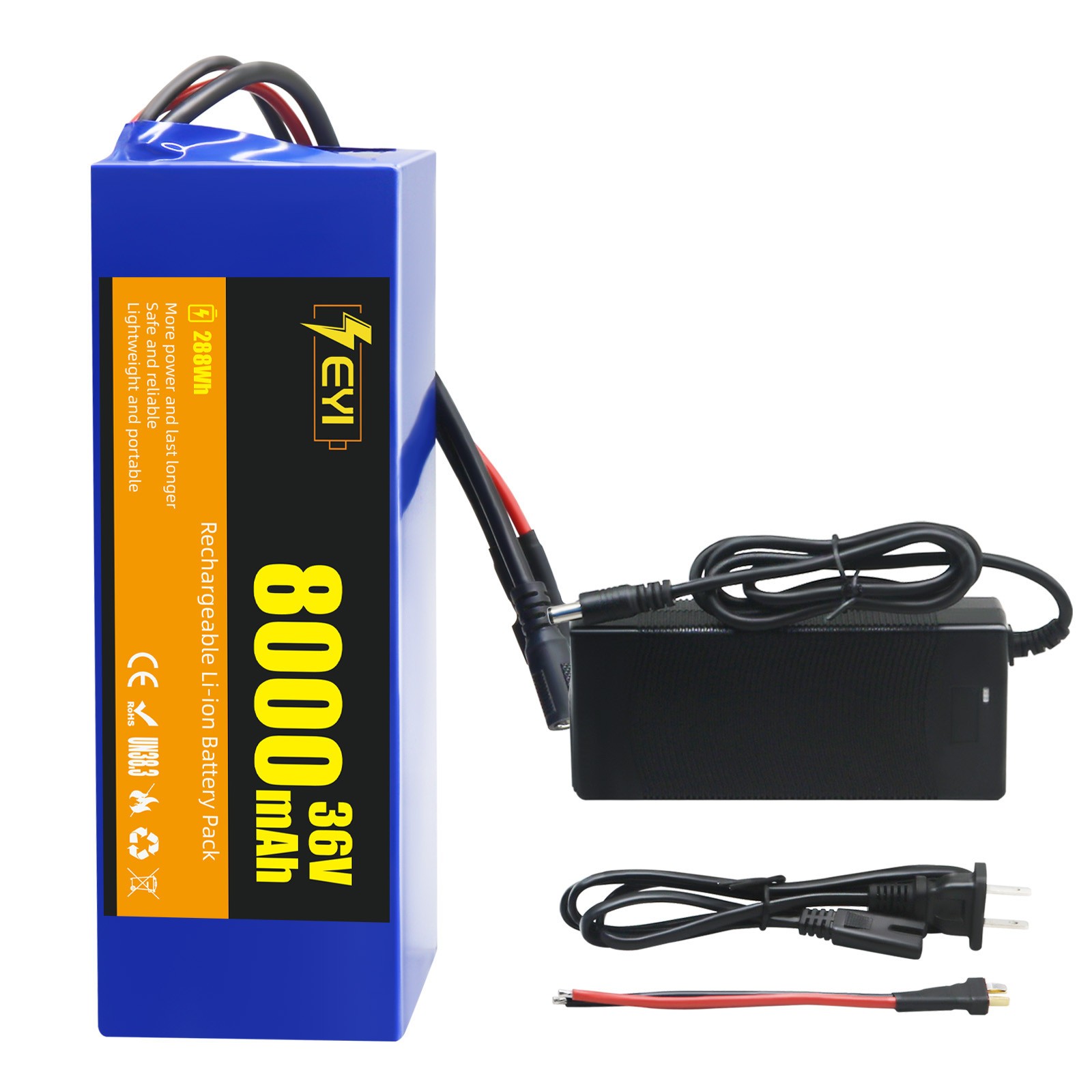 36V 8Ah Lithium Battery with 2A Charger, Built-in 30A BMS, for 0-1000W Motors