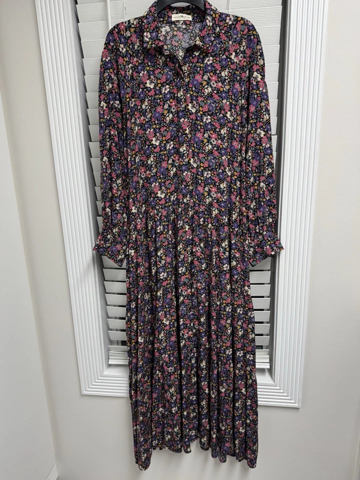 Vestido Natural Life Púrpura Floral Midi En Niveles Talla XL Bolsillos Manga Larga Boho Foto 4 de 4
