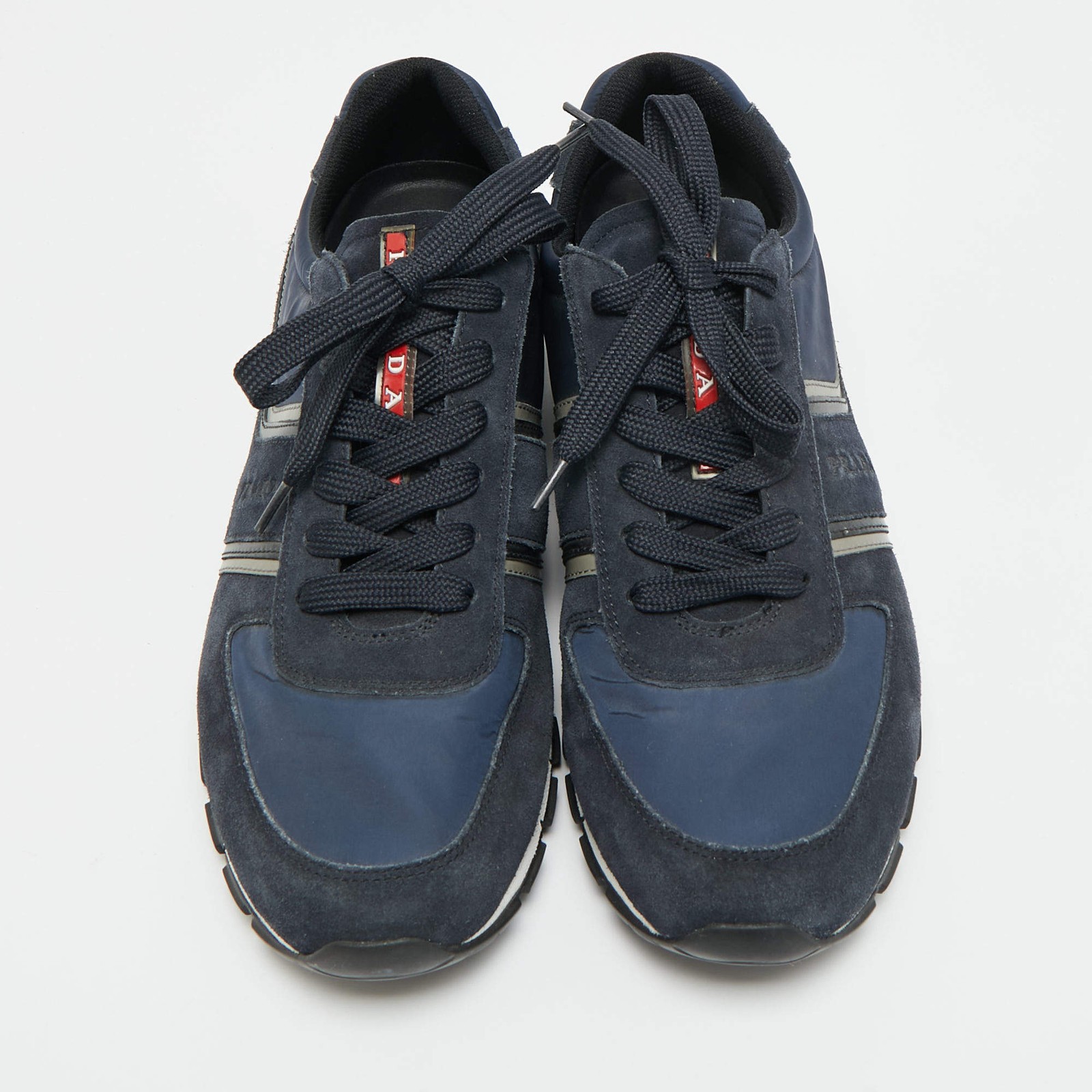 Prada Matchrace Size 44 Navy Blue Nylon and Suede Lace Up Sneakers thumbnail 3