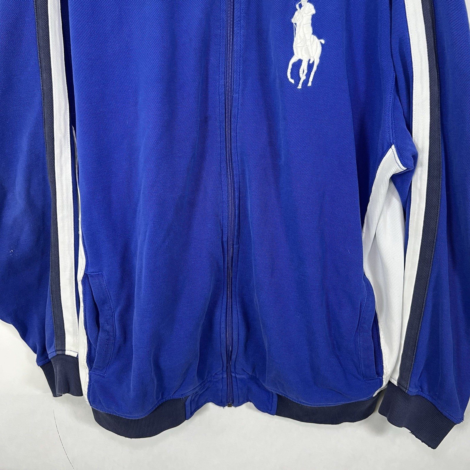 Polo Ralph Lauren Vintage Full Zip Track Jacket Uomo XLT Blu Big Pony DISTRESSATO