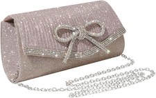 Sparkling Rhinestone Bow Eveing Bag for Women, Diamante Glitter, Black & Silver