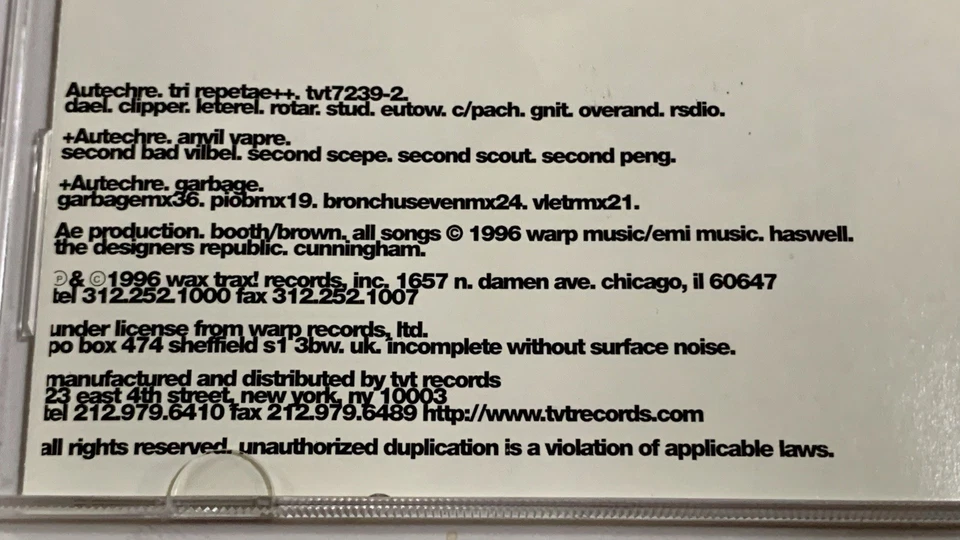 Autechre Tri Repetae++ 2-Disc Compilation CD 1996 TVT Wax Trax Records Foto 3 de 4