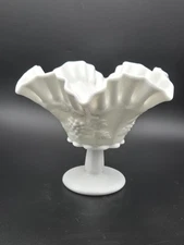 Westmoreland Milk Glass Ruffle Pedestal Compote Bowl Grape Pattern