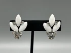 Vintage Weiss White Milk Glass Rhinestone Clip On Earrings Floral Leaf