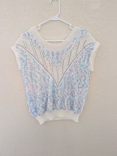 Vintage 1980s Crochet Open Knit Pastel Top Pom Pom 80s Authentic