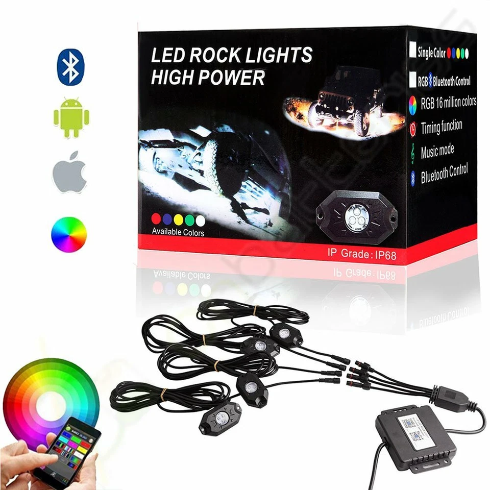 OCPTY RGB LED Rock Lights Offroad Inalámbrico Bluetooth 4 Cápsulas Neón LED ATV SUV Jeep Foto 2 de 4