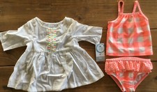 Baby Girl Carters 3pc Coral  White Tunic Cover Up Swim Suit Set 3M Summer