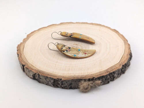 Zuni Corn Maiden Yellow Shell Kachina Dangle Earrings Handmade Southwest Jewelry - Picture 3 of 10