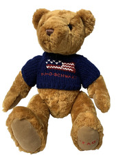 FAO Schwarz 16" Brown Jointed Teddy Bear Patriotic Flag Sweater