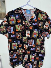 Halloween Scrub Top Women  s S Great For Fall Black With Multi Colors