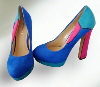 Jennika Blue Pink Green Colourblock Platform Heels Shoes NEW Size