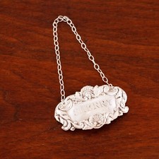 D J SILVER  ENGLISH ROCOCO STERLING SILVER BOTTLE TAG SHELL, FOLIATE SHERRY