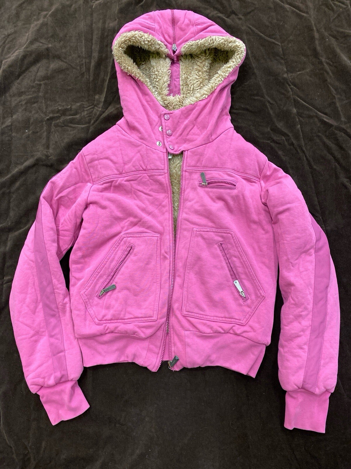 Diesel Womens Bomber Cropped Jacket Sz S Pink Hooded Faux Fur