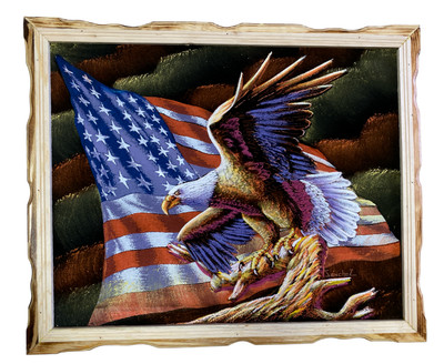 EAGLE , 18''X 22'' HAND PAINTED,VELVET PAINTING , AMERICAN FLAG  , WOOD FRAME