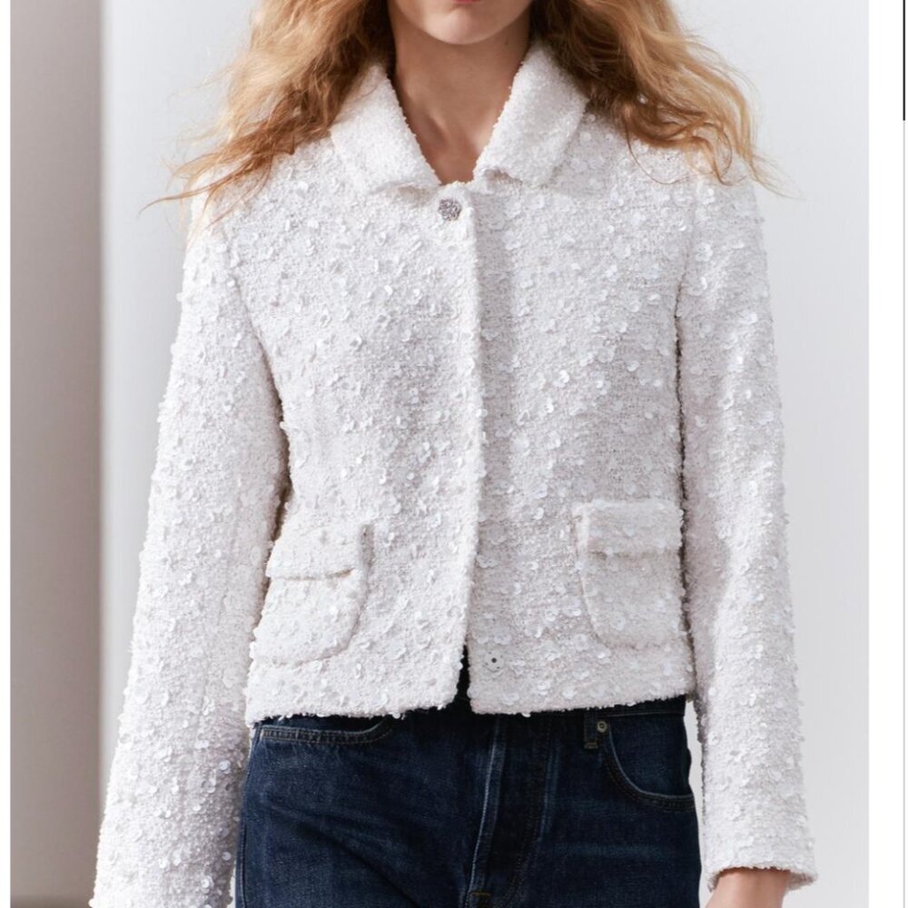 Zara Woman $169 SEQUIN CROPPED SHORT JACKET White Flowers Jewel