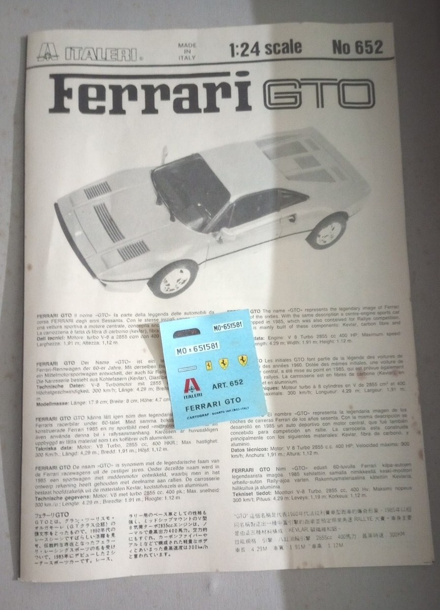 RARE VINTAGE FERRARI GTO AUTHENTIC 1/24 Model ITALERI 1984 NO.652