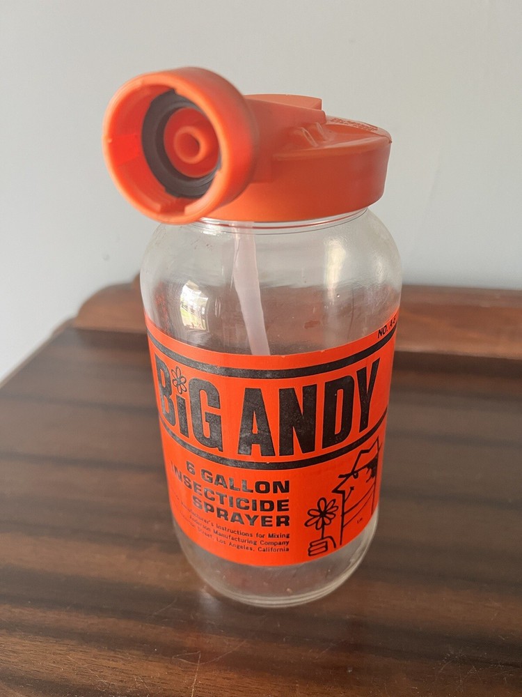 Vintage BIG ANDY Glass Jar Insecticide Sprayer 6 Gallon W/Lid A-6 Orange Label