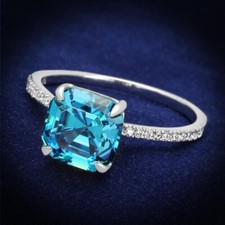 8mm Cushion Cut Sea Blue Solitaire CZ 925 Sterling Silver Engagement Bridal Ring