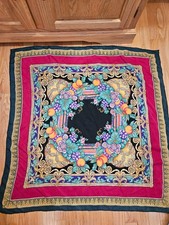 Vintage Women's Paisley/Fruits Scarf, pink, black, gold