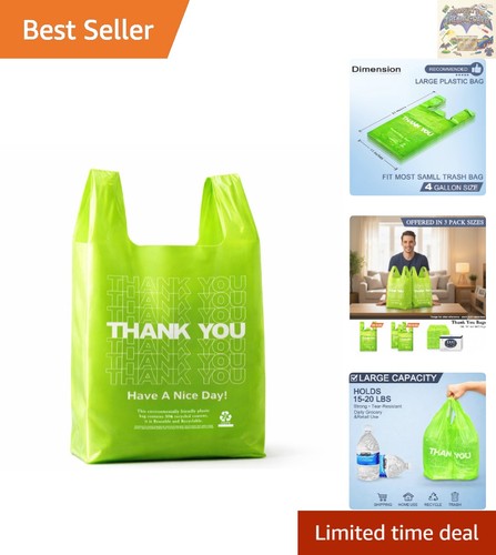 100 Large Green 'Thank You' T-Shirt Bags - Durable and Stylish for Retail - Foto 1 di 9