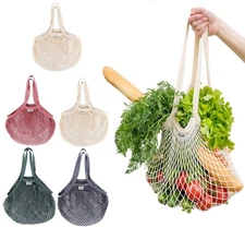5 Pack Mesh Grocery Bags, Reusable Cotton String, Long Handle Net Tote, 4 Color