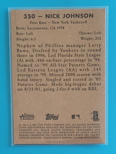 2001 Bowman Heritage #350 Nick Johnson New York Yankees Baseball Card - Picture 2 of 2