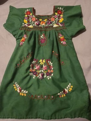 Toddler Girls  Dress Peasant Mexican Campesina Size 2 Green w/ Floral Embroidery
