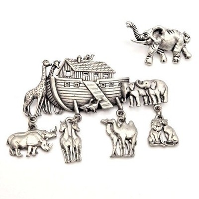 JJ Jonette Jewelry Silvertone Noah's Ark Brooch and J. Crew Elephant Pin