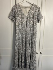 Anokhi for East Midi Dress UK 18 Grey Floral Short Sleeves Block Print Indian