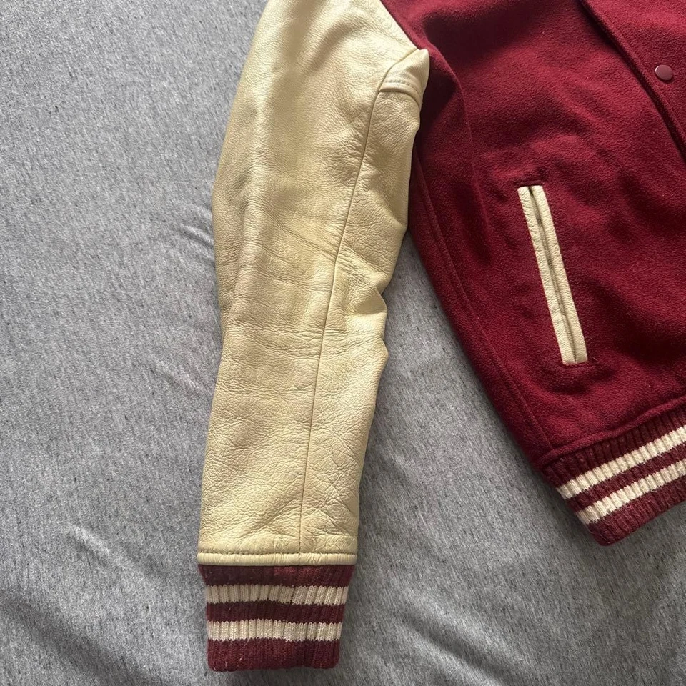 BEAMS Stadium Jacket Red Leather Wool Size M Used - Image 3 of 4