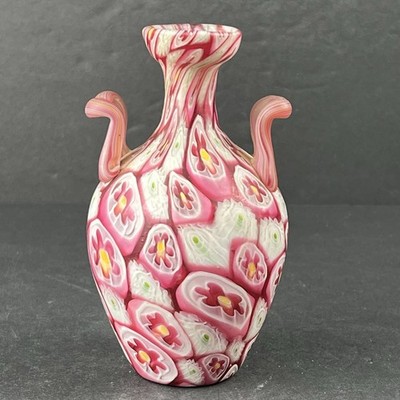 Vintage Fratelli Toso Millefiori Murrine Bud Vase Fuchsia Murano Double Handles