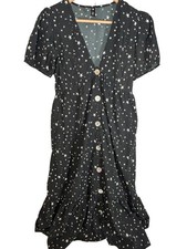 INFLUENCE Star Print Midi Dress Women's UK8 Black Polyester VNeck Button Up A108
