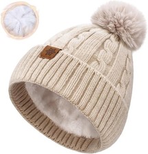 Women Winter Beanie Hat Pom Pom Cable Knit Fleece Lined Warm Faux Fur Cap