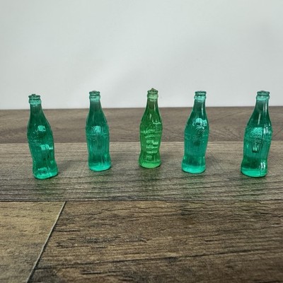 5 Vintage 1.5'' Green Plastic Coca-Cola Coke Bottle Mini Advertising Toy Doll