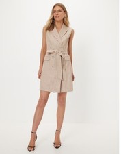 Portmans Georgina Blazer Dress Tie Sleeveless Beige Stripe Work Career Chic New