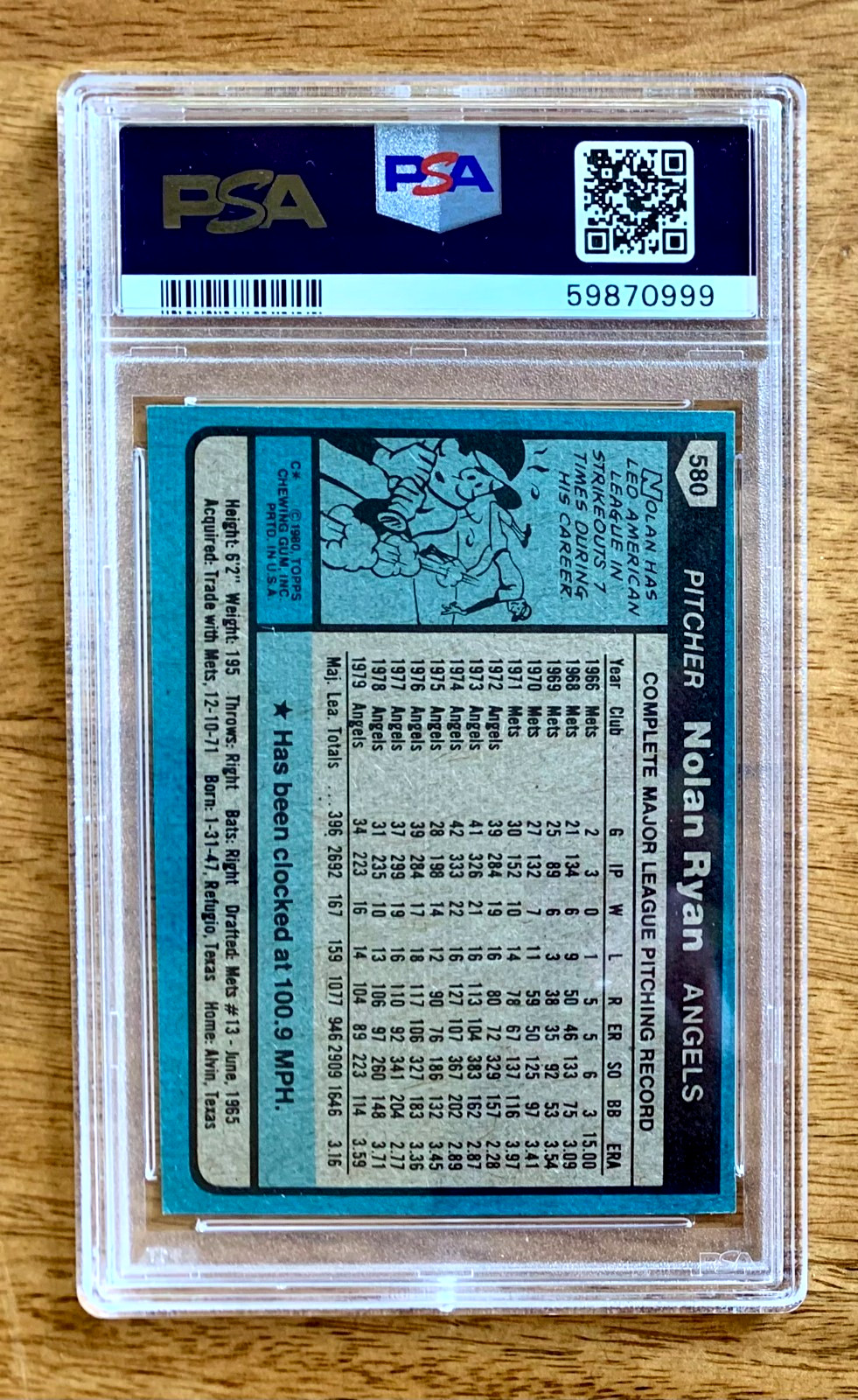 1980 Topps - Nolan Ryan #580 PSA 7!! view 2