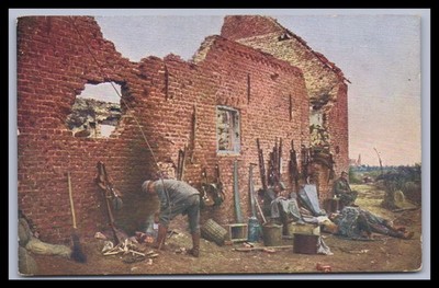 Ansichtskarte Feldpost / Unterstand in einem zerschossenen Haus - 1916