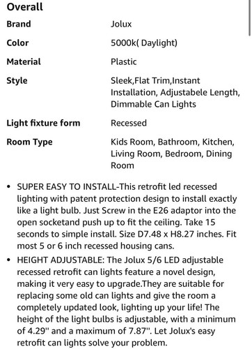 Jolux 5/6 Zoll LED Dosenleuchte verstellbar Einbaustrahler Retrofit Einbaustrahler 12W=60W 5000 - Bild 4 von 23