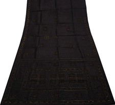 Sushila Vintage Black Saree 100 Pure Silk Hand Beaded 5 Yard Sari Craft Fabric