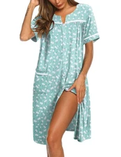 Women's Short Sleeve Sleepshirt, Button-Down Nightgown, Housecoat S-XXXL w/ P...
