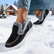 Women  s Moccasin Slippers Boots 38 Black Fur Lined Cozy House Shoes Warm New W B