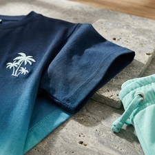 Mens Hawaiian Gradient Print Shorts Set Summer Casual Beach T Shirt Outfit