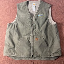 A Carhartt V26 LOV Sandstone Sherpa Lined Vest Mens 2XL Tall Olive Green Canvas