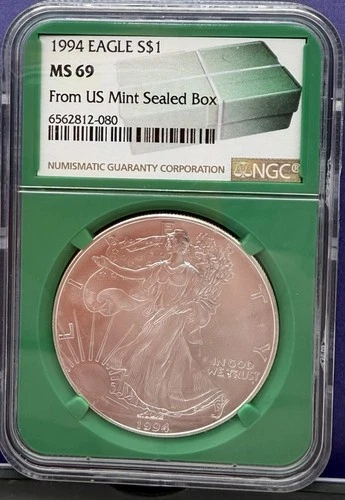1994 $1 AMERICAN SILVER EAGLE NGC MS69 FROM US MINT SEALED BOX LABEL GREEN CORE