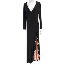 XSCAPE Long Sleeve V-Neck Gown Ruffle Black Whimsigoth Classic Old Hollywood