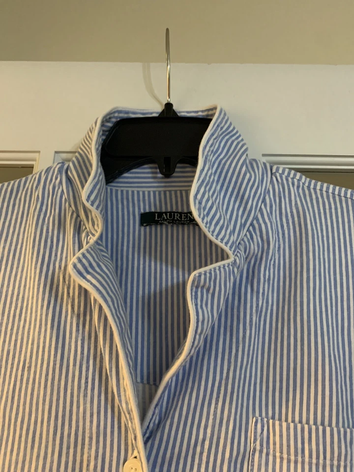 Lauren Ralph Lauren Azul Rayas Botón Abajo Camisa para Dormir Logo Monograma L/S Talla MD Foto 3 de 4