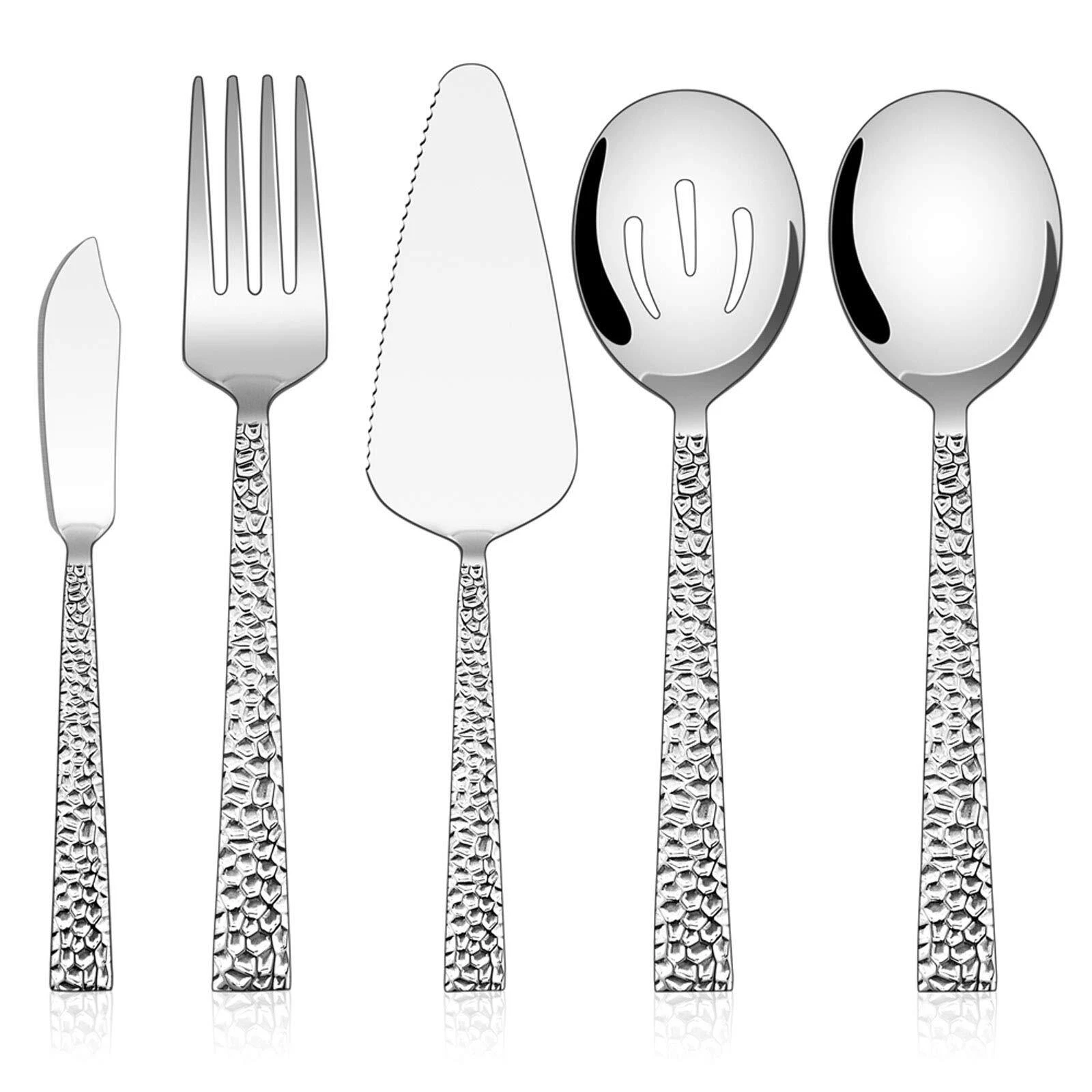 Hammered Serving Utensils 5-Piece Stainless Steel Square Hostess Serving Set - Picture 1 of 5