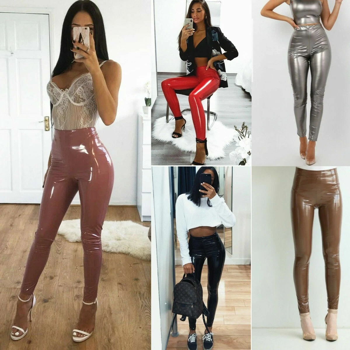 Womens Ladies Soft Strethcy Shiny Wet Look Vinyl Leggings Trouser