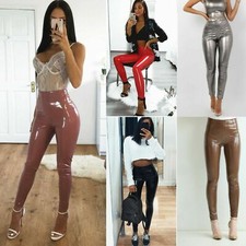 Womens Ladies Soft Stretchy Shiny Wet Look Vinyl Leggings Trouser Pants Bottoms